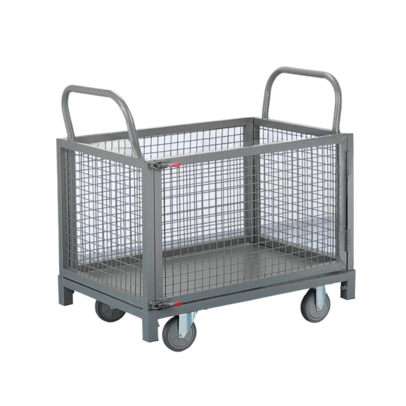 Grid Flat Transport Cart Foldable Guardrail Versatile Hand Trolley For Supermarket Logistics Storage Street Stall Goods Handling