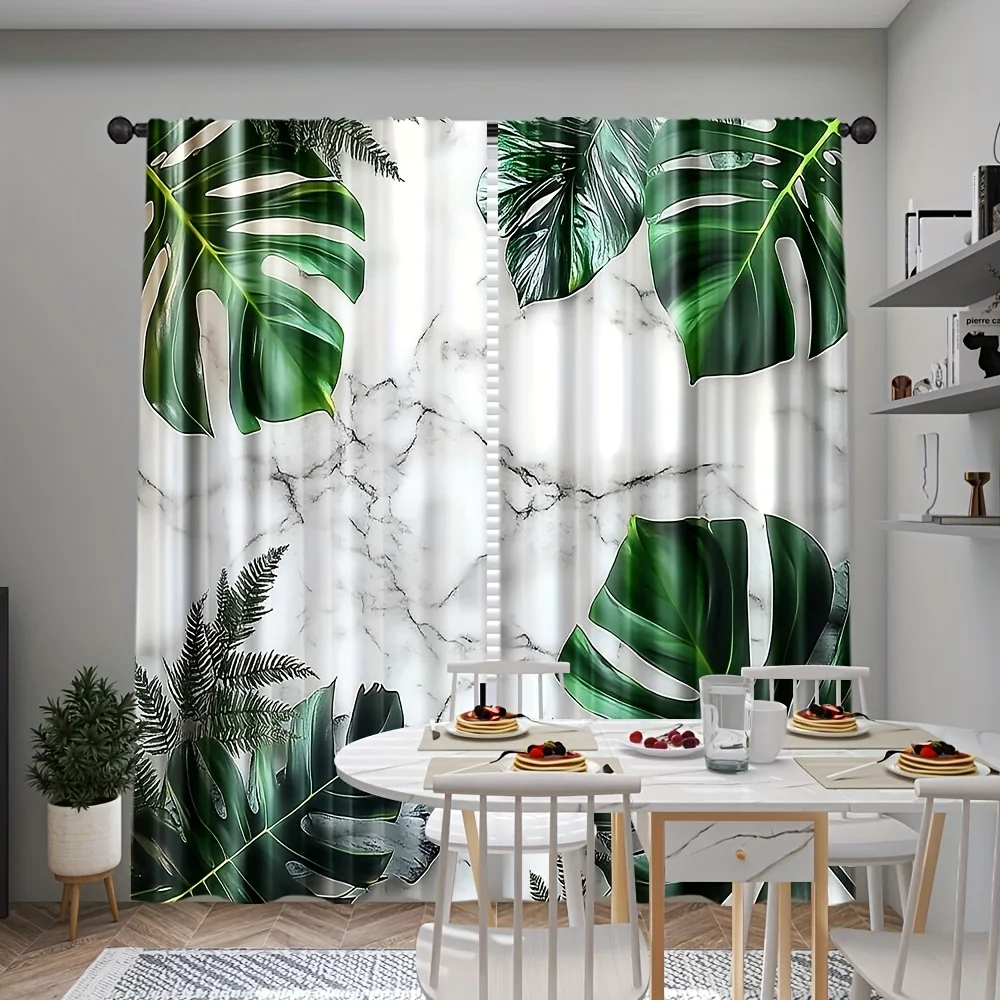 2pc Marble-patterned and tropical monstera leaf print curtains, machine washable polyester, suitable for bedrooms living rooms