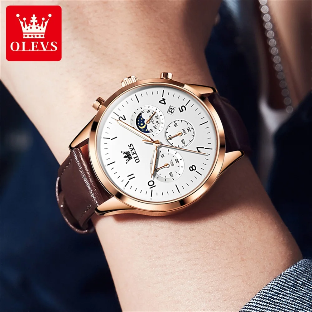 Imagem -05 - Olevs-relógio de Quartzo Masculino com Pulseira de Couro Cronógrafo Fase da Lua Impermeável Luminoso Moda Homem Novo