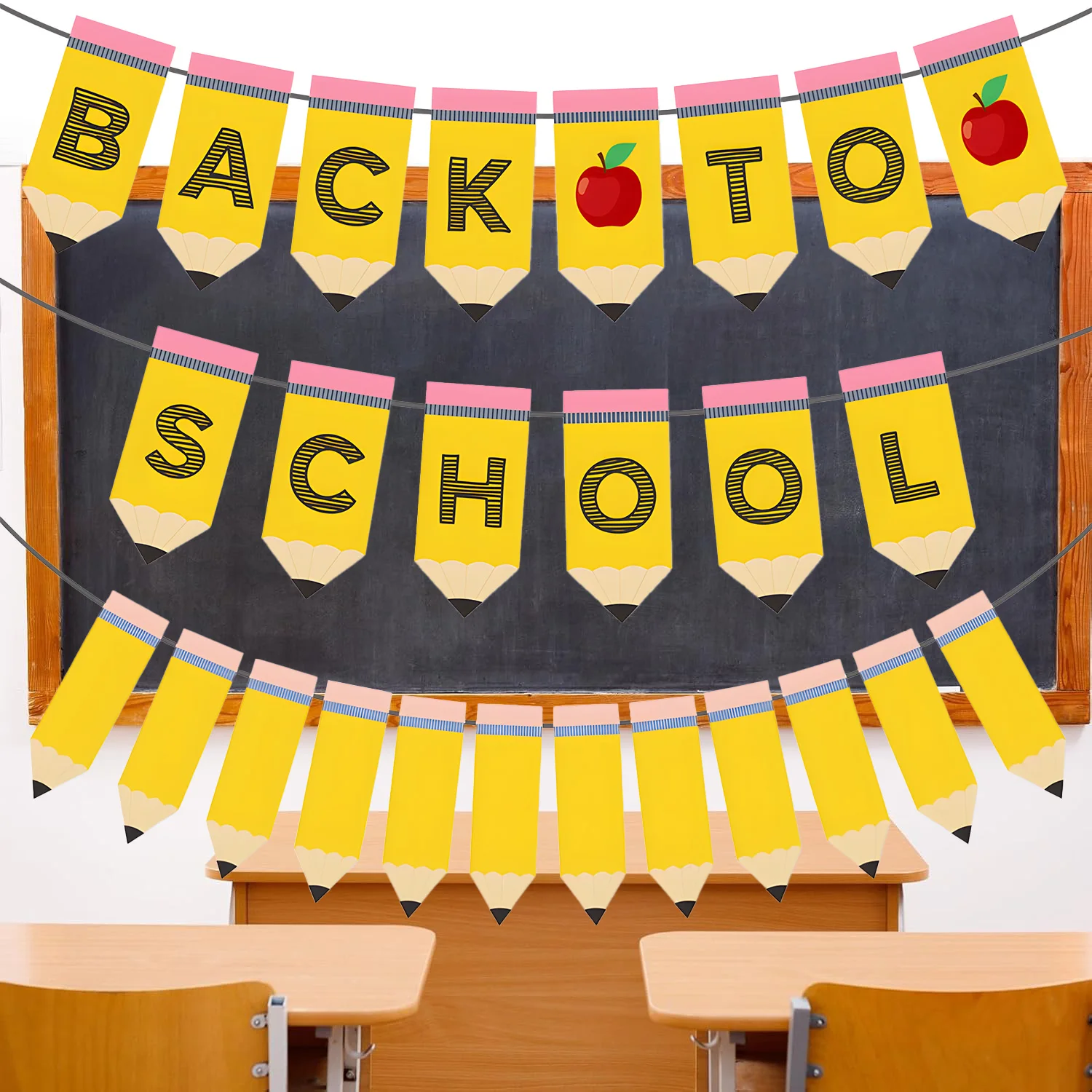 Pancarta de regreso a la escuela, pancarta colgante de lápiz de manzana, guirnalda de banderines bonita, decoraciones colgantes para el hogar, escuela, aula, suministro de fiesta
