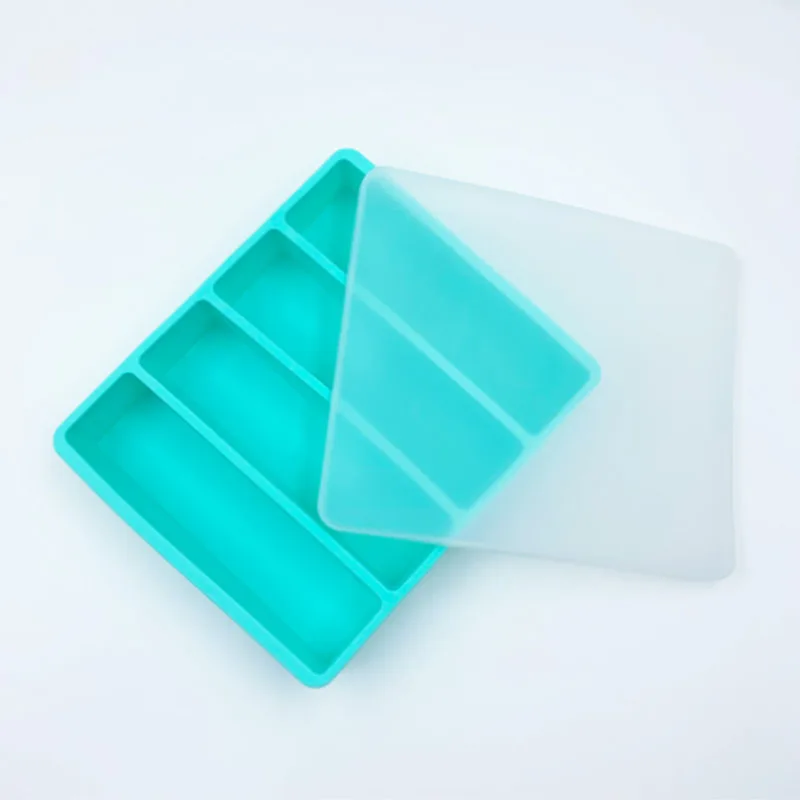 1pc Silicone Freezer Tray Soup 4 Cubes Storage Box Food Container Freezing Molds With Lid Frozen Packaging Box 4 Cells Organizer