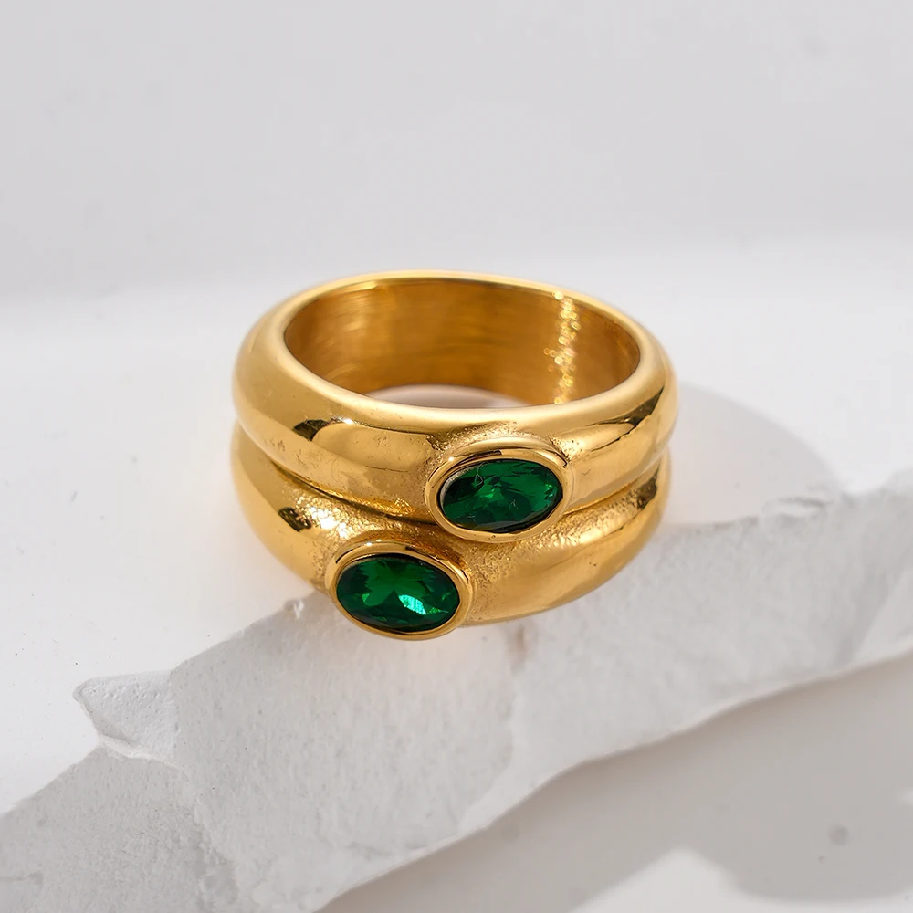 May@R1pc Vintage Stainless Steel Ring 14k Gold Plated Inlaid Zirconia White Emerald Or Black Match Daily Outfits Party Accessory