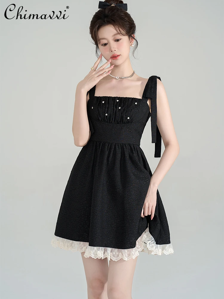 

French Jacquard Rhinestone Lace Stitching Square Collar Sleeveless Bow High Waist A-line Sweet Black Strap Dress Women Summer