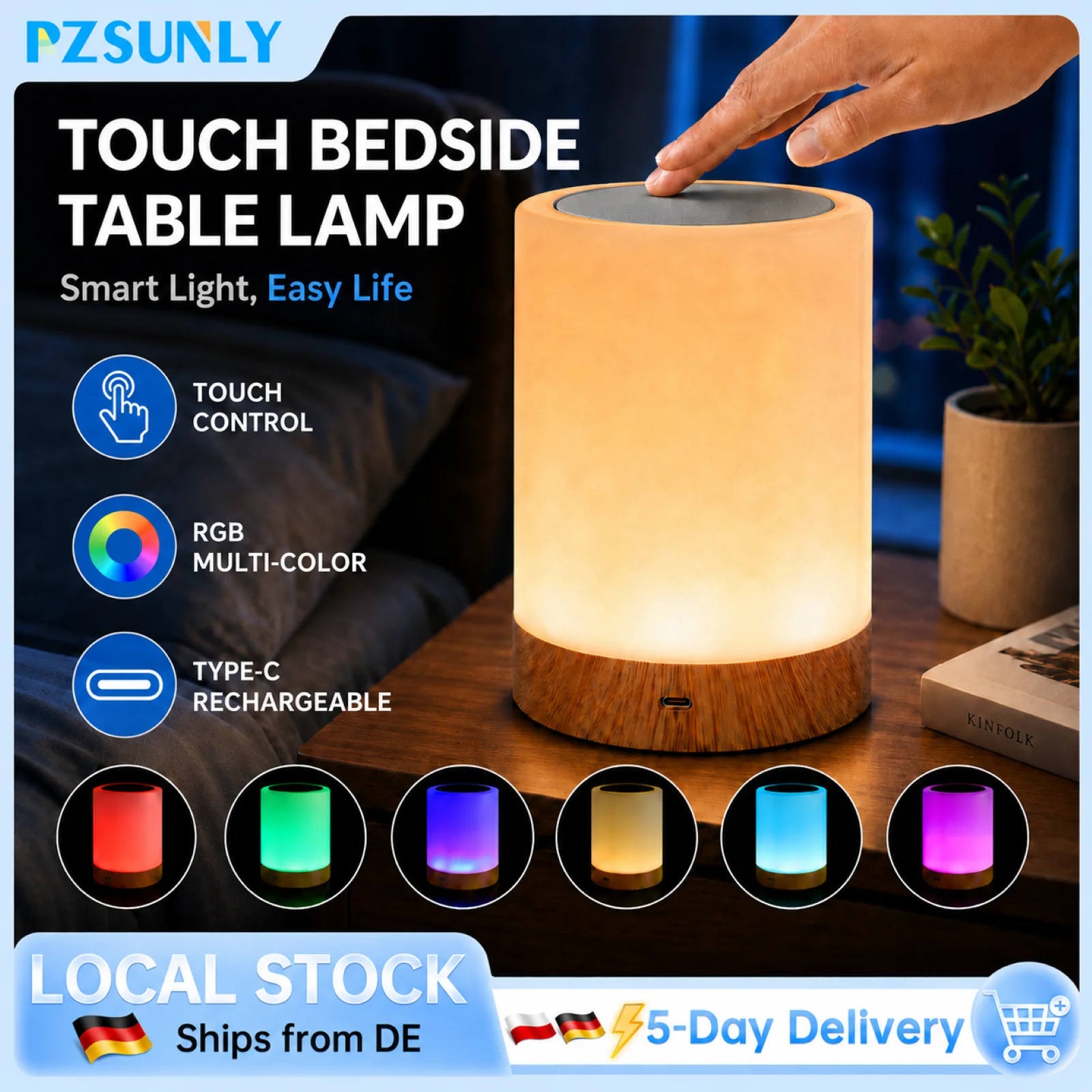 PZSUNLY RGB-Nachttischlampe mit Touch-Steuerung, USB wiederaufladbar, dimmbar, Nachtlicht, Nachttischlampe, Schreibtischlampe, Schlafzimmer, Esszimmer, Dekorationslampe, perfektes Geschenk für Kinder,
