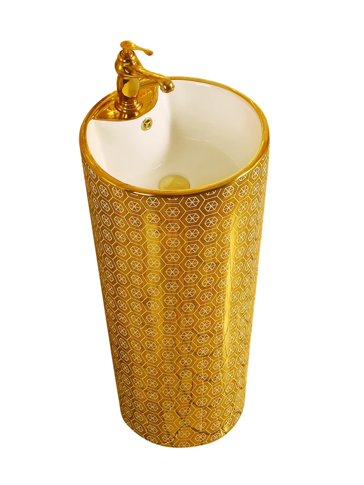 Golden Pillar Washbasin Golden Pillar Basin European Integrated Washbasin Floor Mounted Gold Plated One-piece Basin for Home