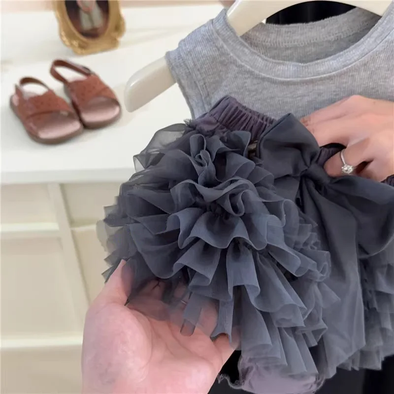 Two Piece Set of High-quality Mesh Cake Skirt Vest and Shorts for Girls in Summer Kids Clothes Girls