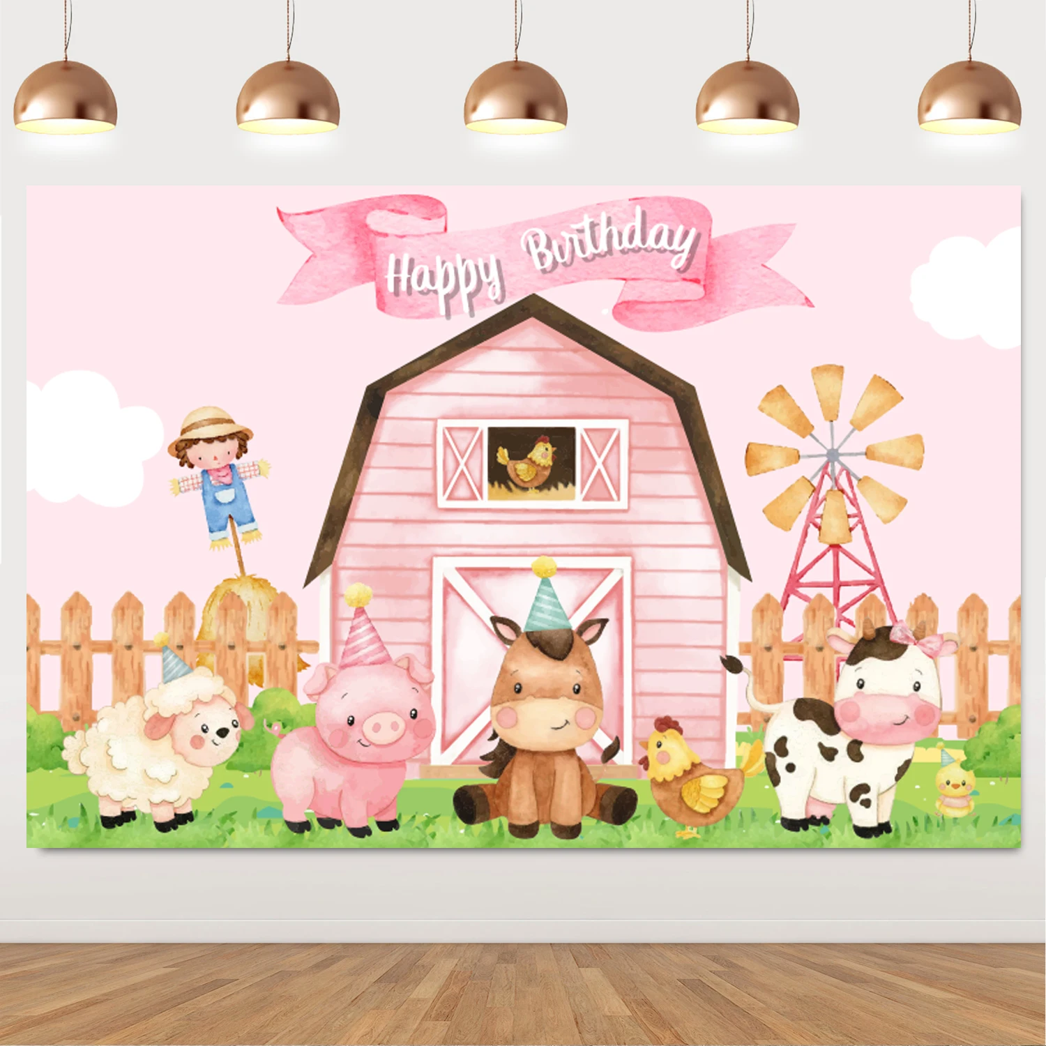 

Cheereveal Pink Farm Animal Theme Backdrop Birthday Party Decorations for Girls Cute Cow Print Happy Birthday Background Cloth