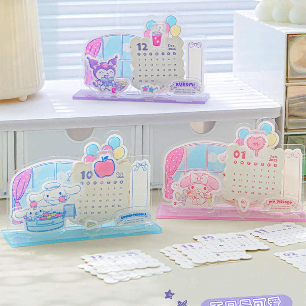 2025 New Sanrio Transparent Acrylic Calendar My Melody Kuromi Cinnamoroll Desk Decorations Daily Monthly Schedule Girls Gifts