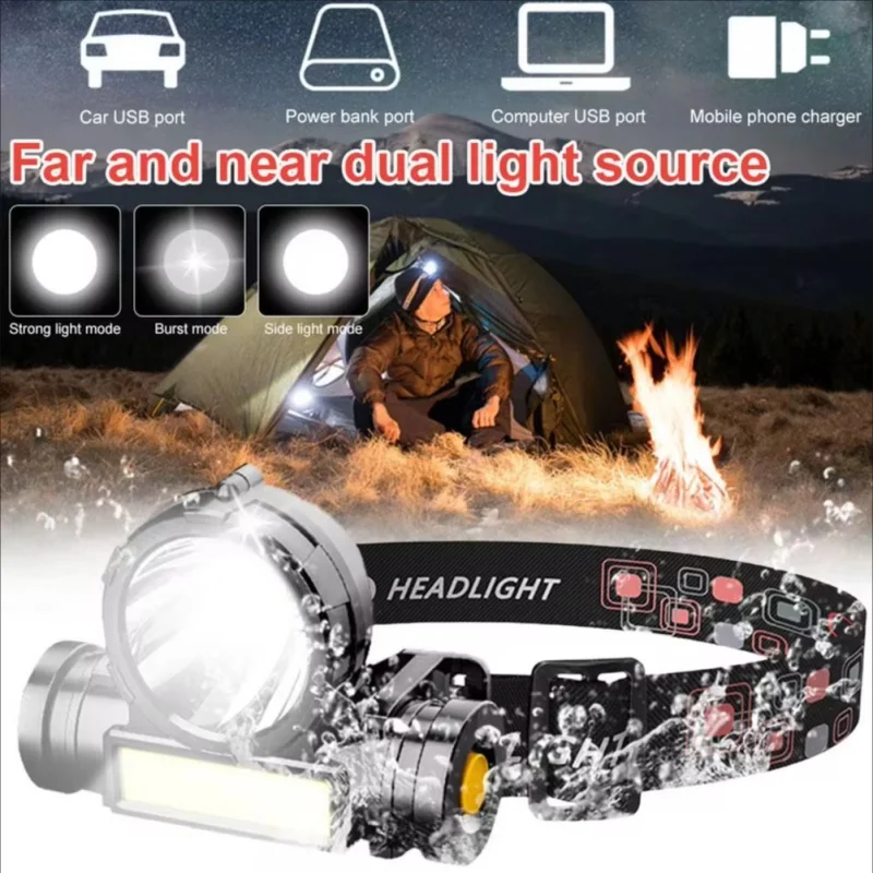 Super Rechargeable Headlight Cob Rechargeable Head-mounted Flashlight Led Fishing Waterproof Rechargeable Strong Headlight