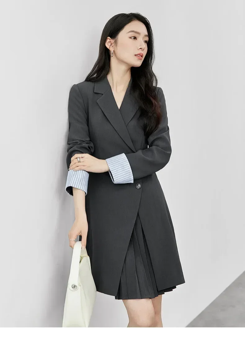 SENTUBILA Office Lady Mini Blazer Dresses Women 2024 Autumn Patchwork Pleated Notched Collar Dress Female Clothing Q43L57148