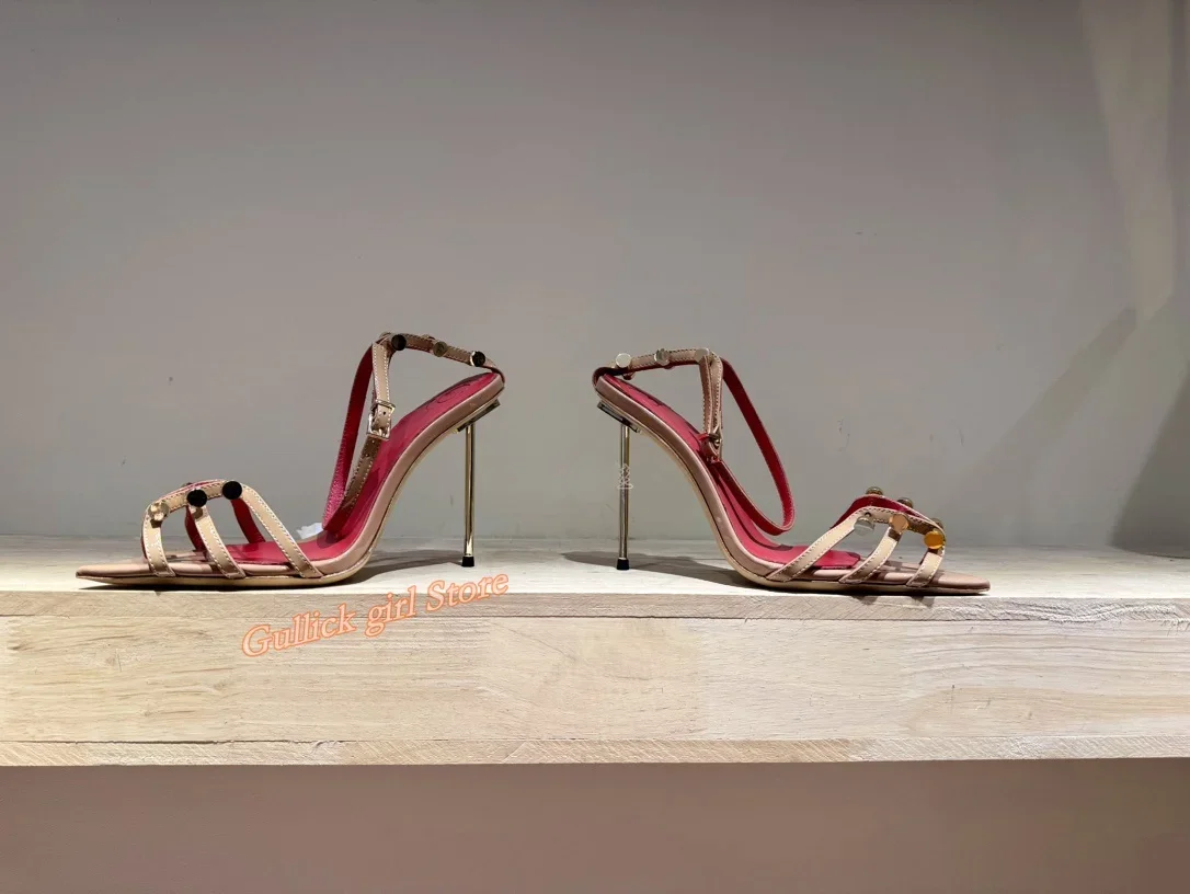 Metal Rivet Ankle Strap Sandals Super High Heel Sexy Pointed Toe Nude Black Red Fashion 2024 Summer Women Runway Shoes Handmade