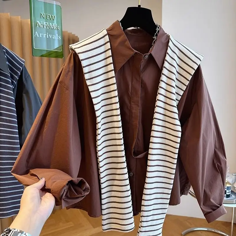 Long Sleeve Loose Striped Shirt With Cape Two Piece Casual Top