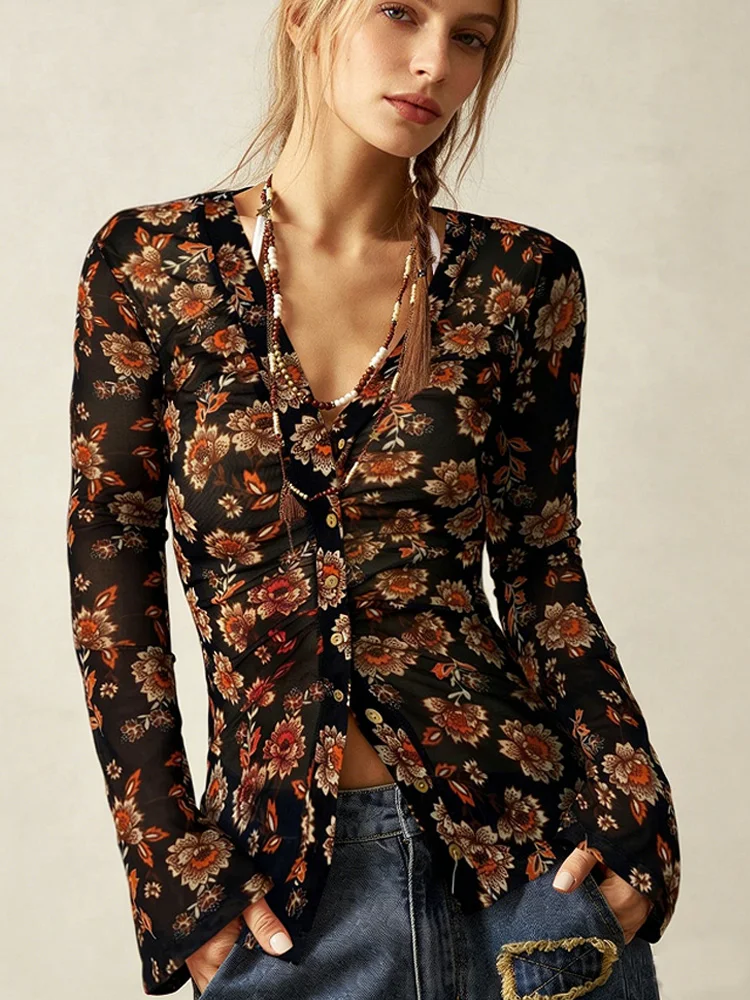Nueva moda, blusa de gasa con estampado Floral para mujer, camisas de manga larga con una hilera de botones para mujer, Tops ajustados con cuello en V para mujer