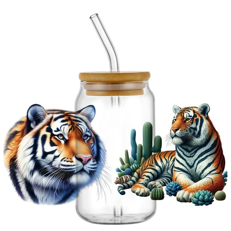 Tiger Pattern Uv Dtf Cup Wraps Vibrant Wild Animal Transfer Stickers For 16oz Glass Cans Waterproof Diy Transfer Decals