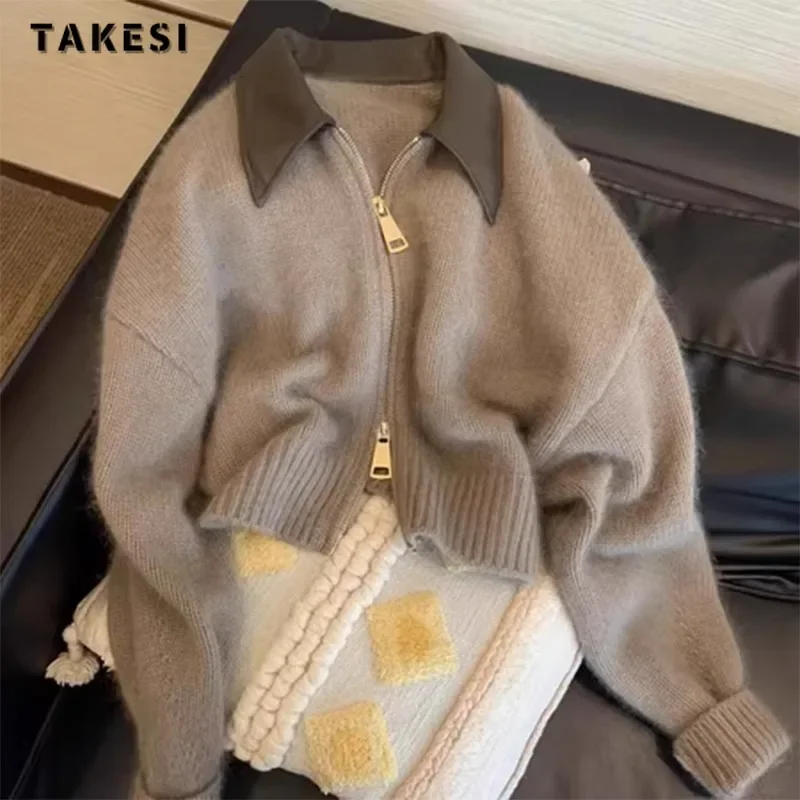 

Women Vintage Patchwork Knitting Long Sleeve Turn Down Collar Cardigans 2023 Winter Fashion Casual Zipper Knitwear Sweater