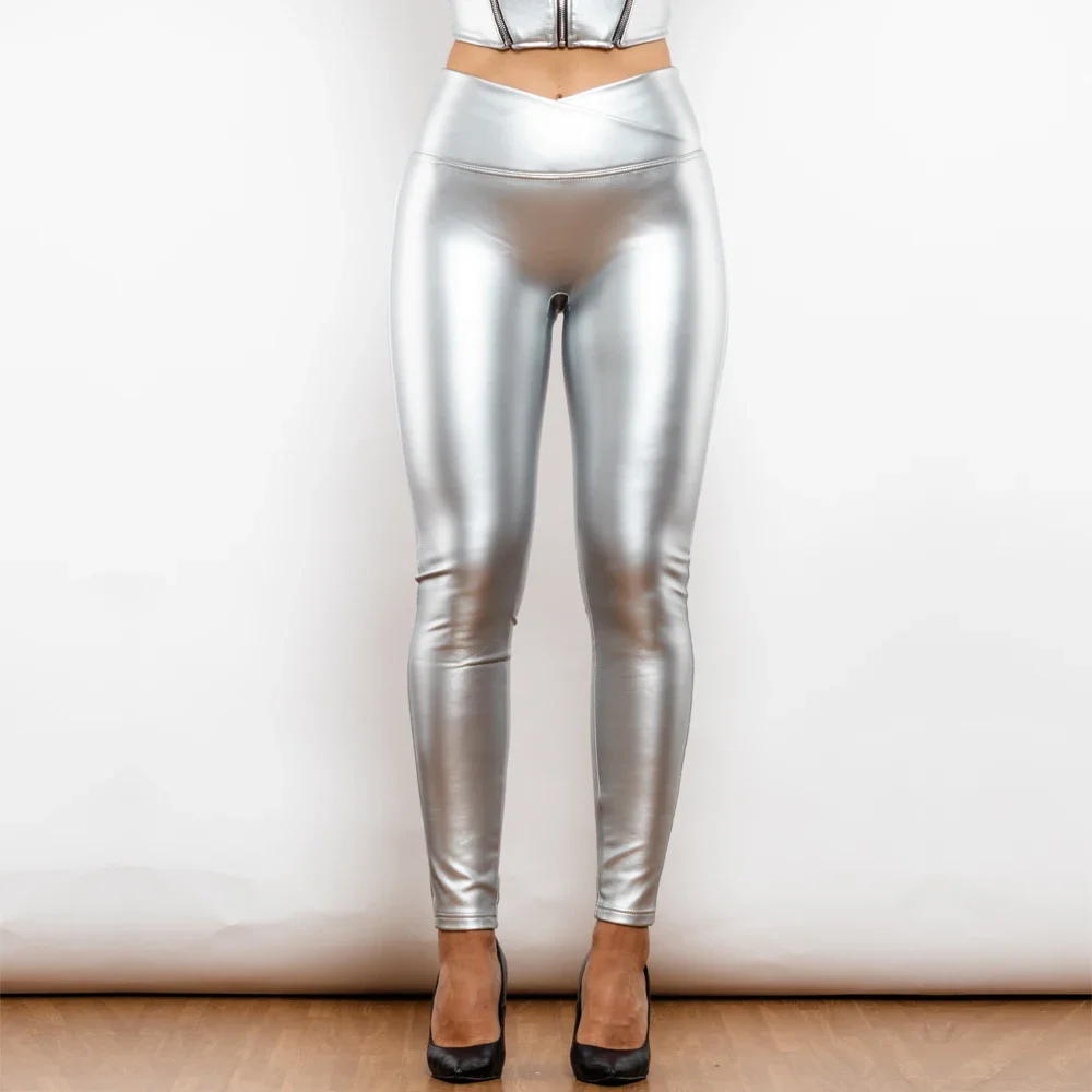 Shascullfites Melody High Waist Slim Fit PU Leather Leggings for Women Push-Up Skinny Fitness Pants Silver Metallic