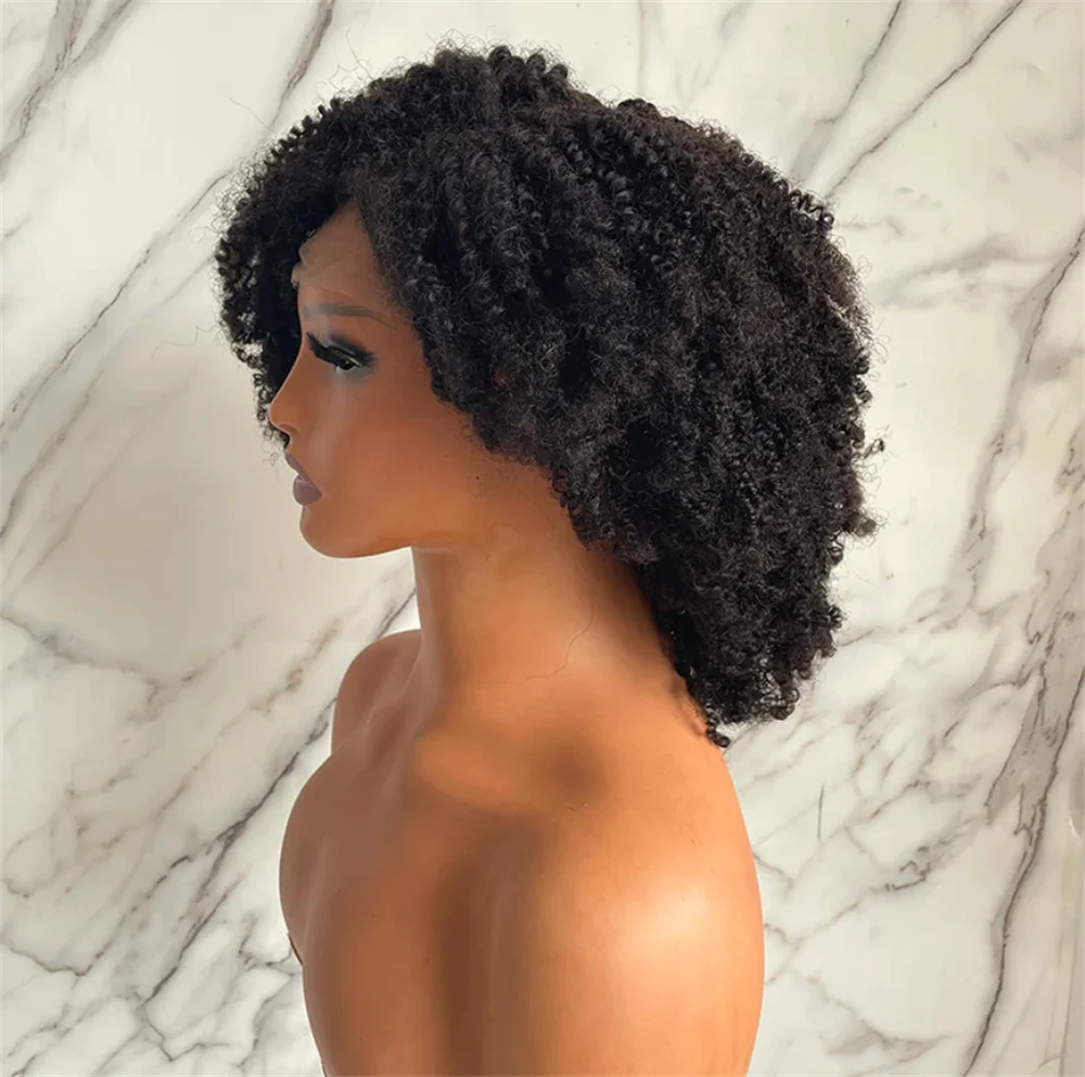 Perruque Bob Lace Front Wig crépue bouclée sans colle pour femmes noires, cheveux de bébé, pre-plucked, doux, naturel, noir, court, densité 180, degré de chaleur