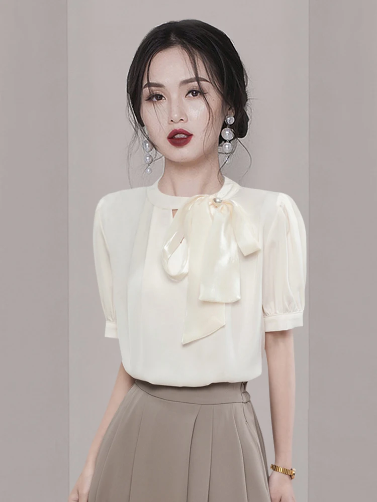 

2024 Women's Clothing Chiffon Satin Shirt Women's Bow Top Spring Summer New No.69