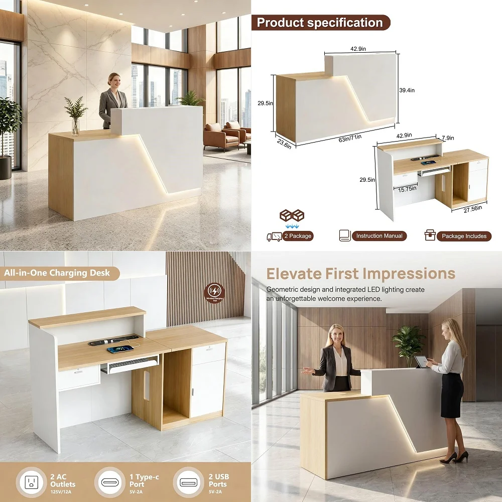 

Reception Desk with Counter amp Wireless Charging, 1Inch Thick Board, Lockable Drawers amp Keyboard Tray, HeavyDuty Front Desk