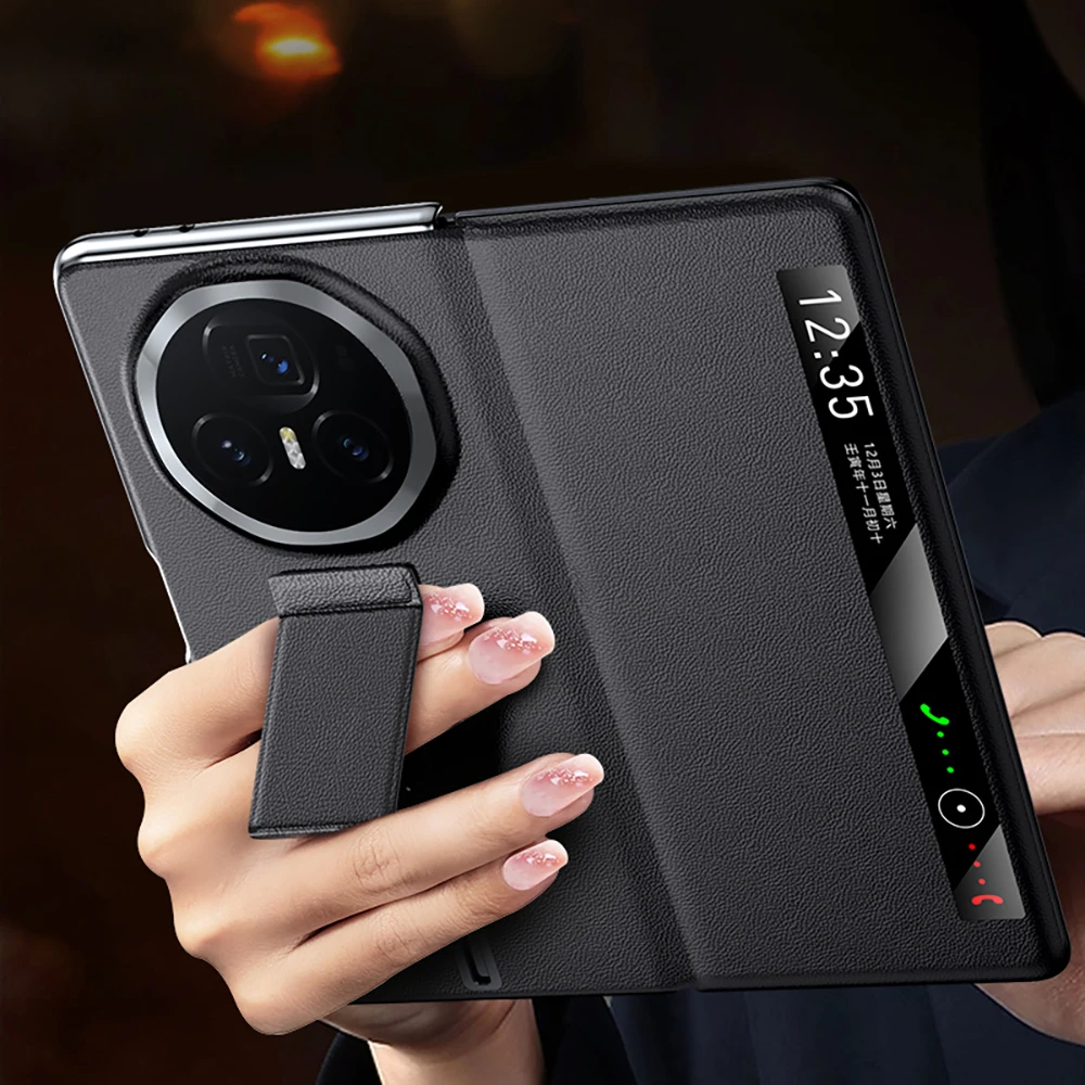 LANGSIDI Smart Flip Phone Case for Honor Magic V3 V2 VS2 Cowhide Genuine Leather Magnetic Wrist Strap Stand Kickstand Back Cover