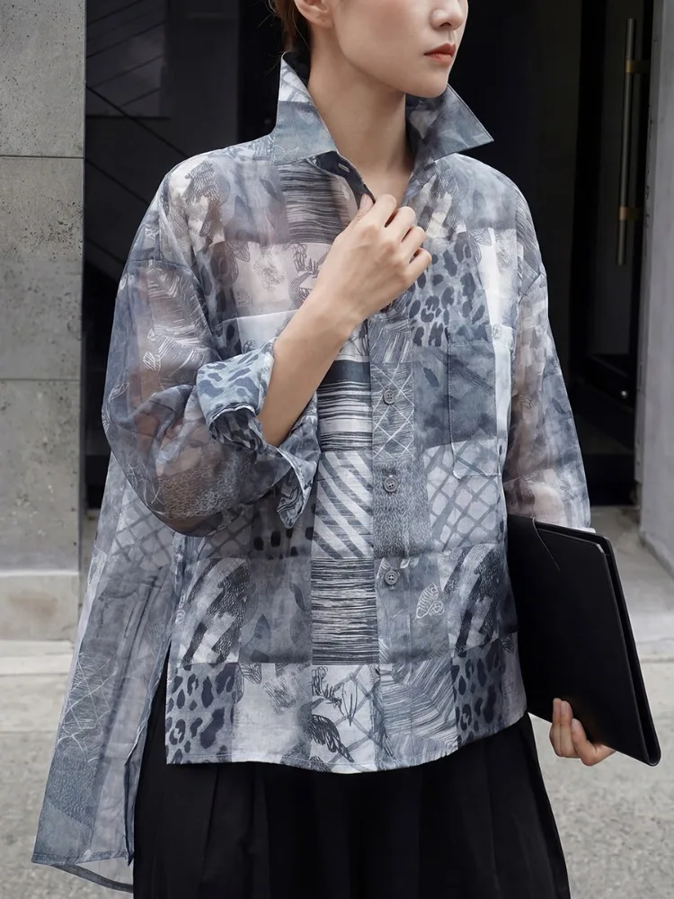 

Bonboho Women's Artistic Gray Patchwork Print Sheer Loose Long Sleeve Shirt 2026 Casual Blouse for Art Shows & Vacation