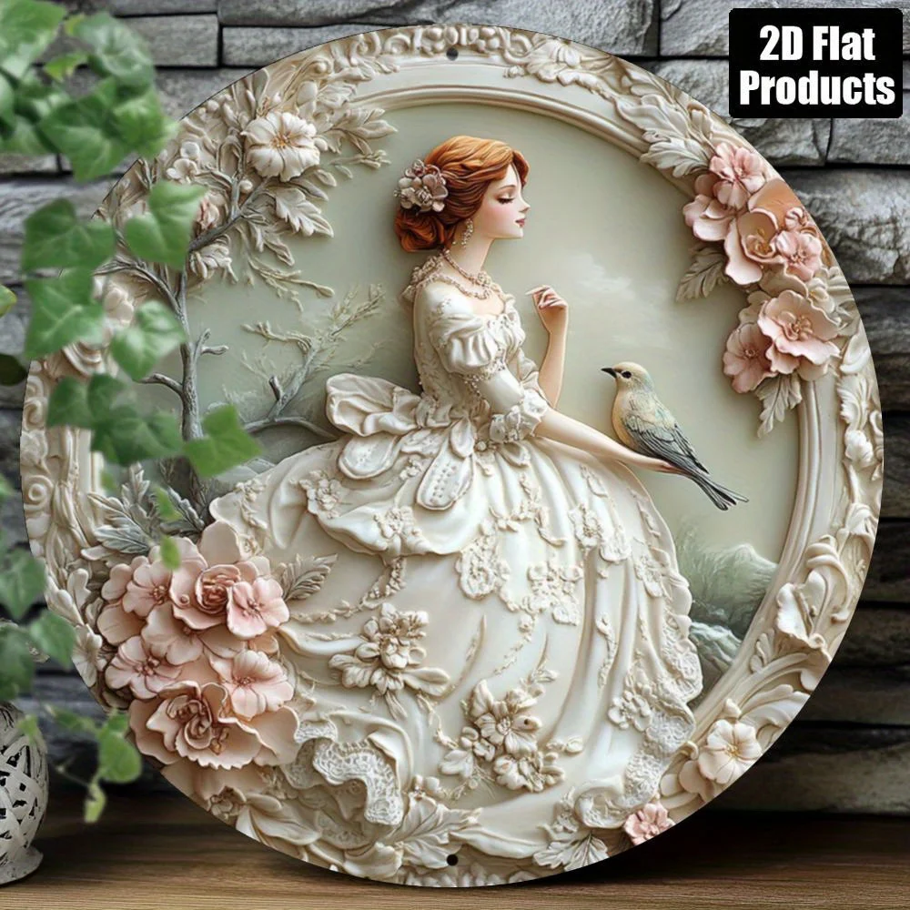 Wall Art Victoria Style Round Aluminum Woman Bird Floral Design 8x8 Inch Vintage Elegant Home Decor Gift for Kitchen Cafe
