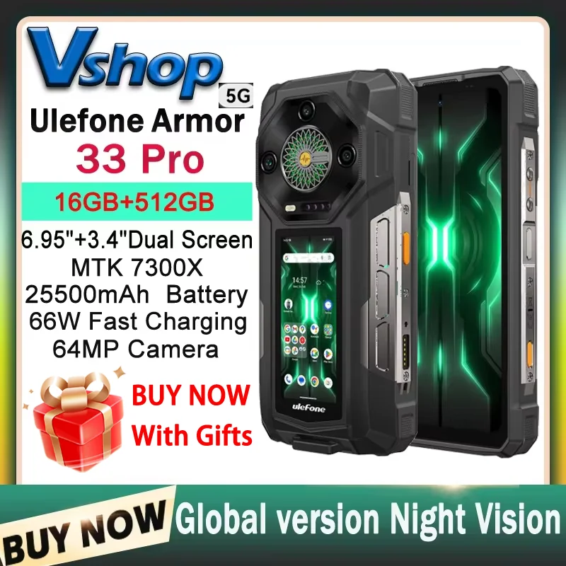 Прочный телефон Ulefone Armor 33 Pro, 5G, двойной экран, 6,95 дюйма, 120 Гц, 16 ГБ + 512 ГБ, 25500 мАч, аккумулятор, 66 Вт, 64 МП, ночное видение, NFC-смартфон