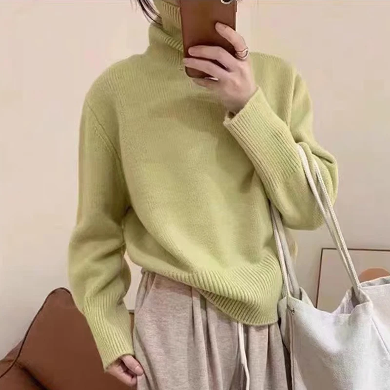 

Korean Ribbed Turtleneck Knitted Sweater Women Winter Loose Thick Long Sleeve Sweater Woman Soft Solid Color Warm Jumpers Mujer