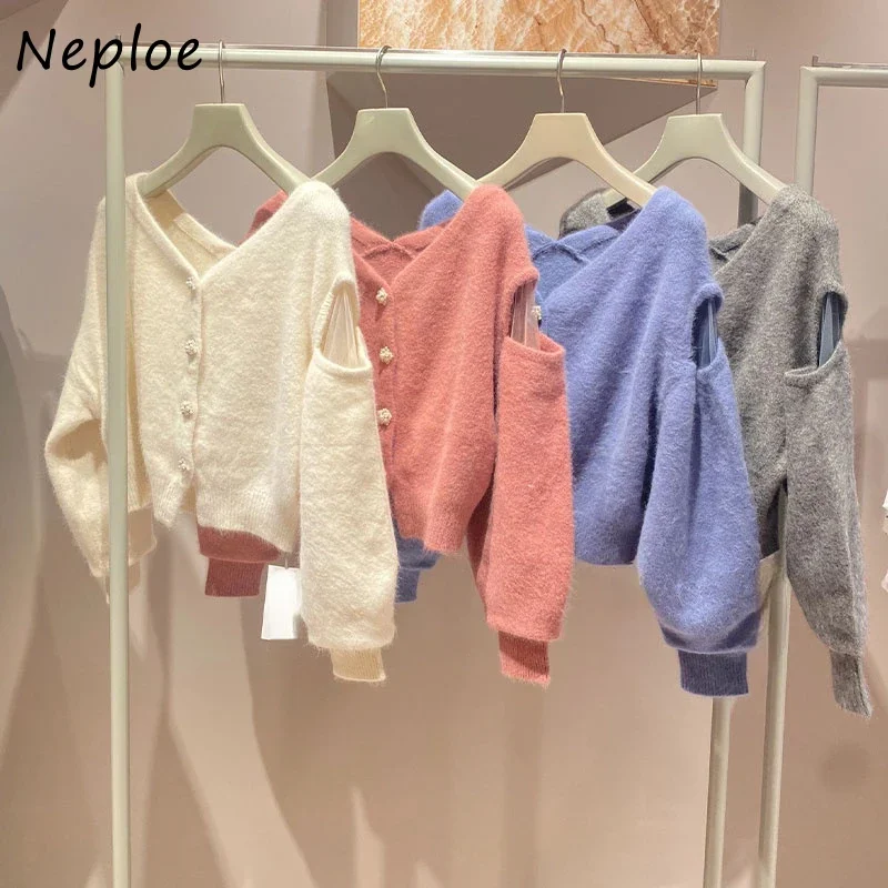 Neploe V Neck Puff Sleeve Loose Elegant Jumper Voile Shoulder Strapless Patchwork Casual Sweaters Japan Button Sweet Moda Tops