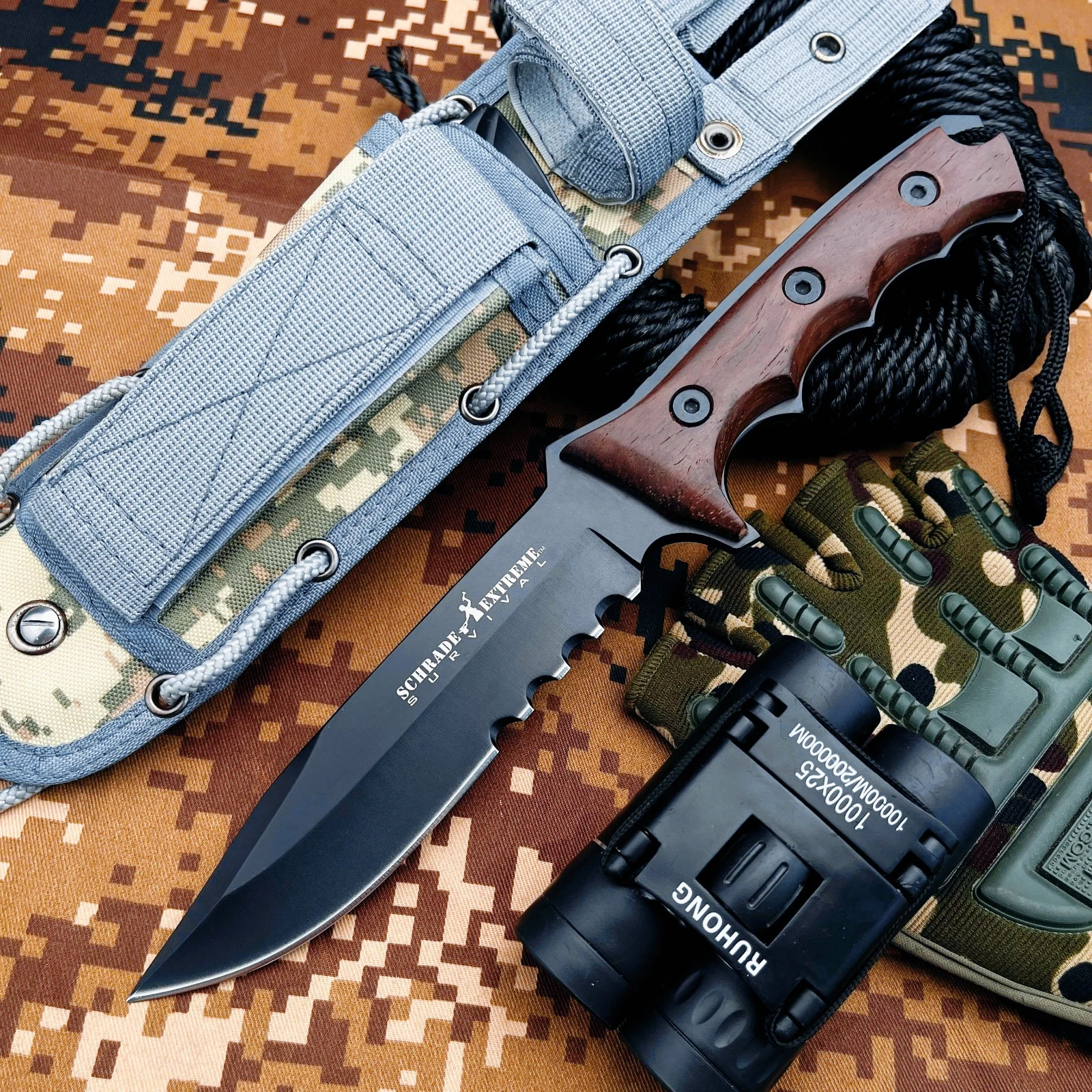 

All-Purpose Heavy-Duty Fixed Blade – 7Cr13MoV Steel, Rosewood Handle, with Sheath – Designed for Camping and Fishing Outings