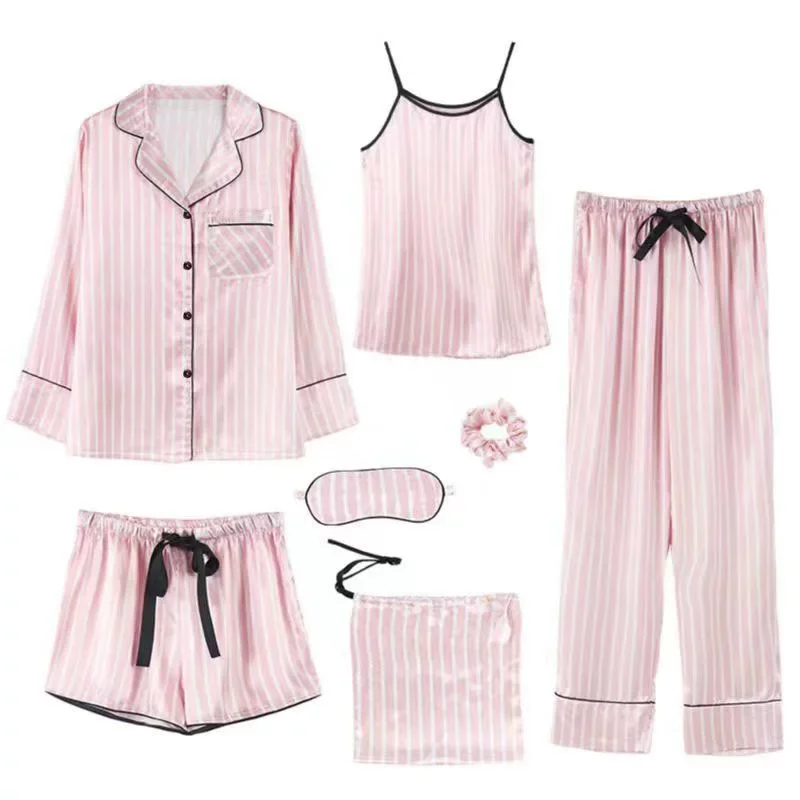 Conjunto de 7 piezas de pijamas elegantes de seda para mujer, pantalones cortos estampados, Top de manga larga, pantalones de cintura elástica, ropa de dormir para salón, regalo, primavera y otoño