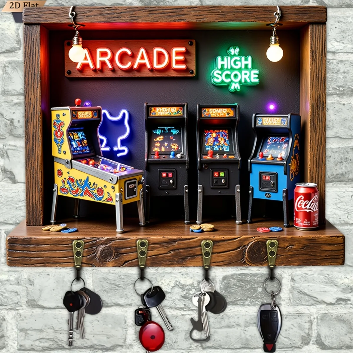 2D flach, 1 Stück, Retro-Schlüsselhaken im Arcade-Stil, multifunktionales Schlüsselregal aus Holz für Zuhause mit vier Metallhaken, Wanddekoration, Veranda