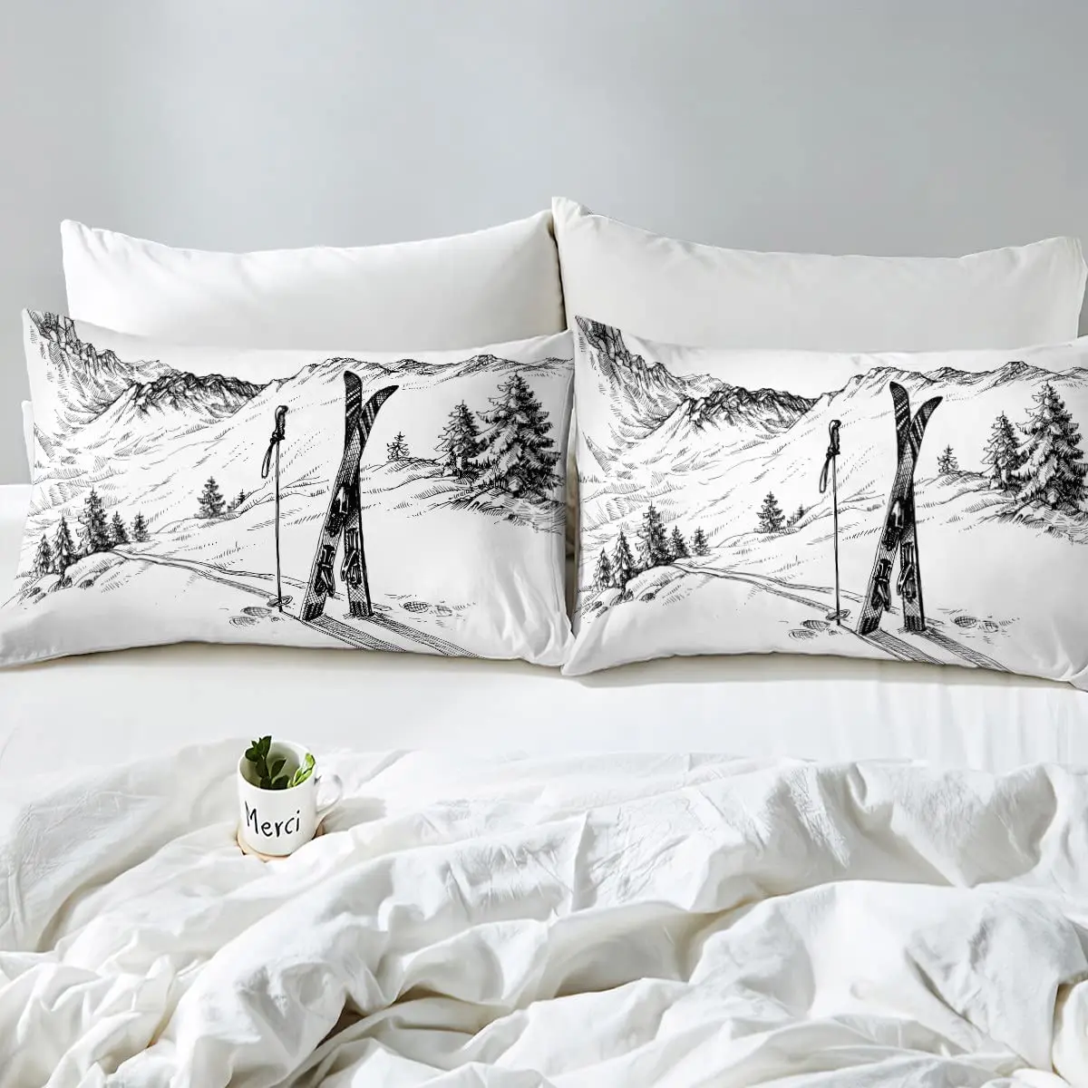 Imagem -06 - Jogo de Cama de Esqui Cheio Rei Jogos de Esportes de Inverno Lençóis de Cama Inverno Esqui Equipado Folha Montanha Esboço Ilustração do Fundamento Decoração