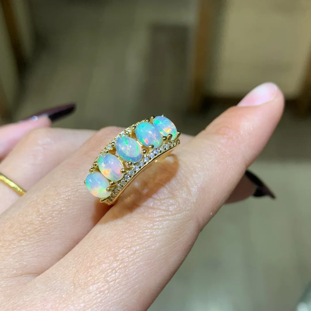 

Natural Opal Ring S925 Pure Silver Setting Pure Gem Firm Inlay High End Stylish Accessories for Female Wear 4*6mm