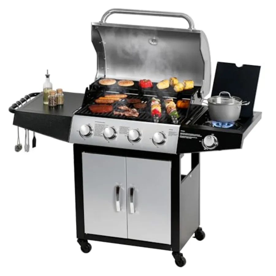 

Outdoor propane gas grill with 4+1 burners, 518 sq in cooking area, 52, 000 BTU output, side burner, stainless steel cabinet, s