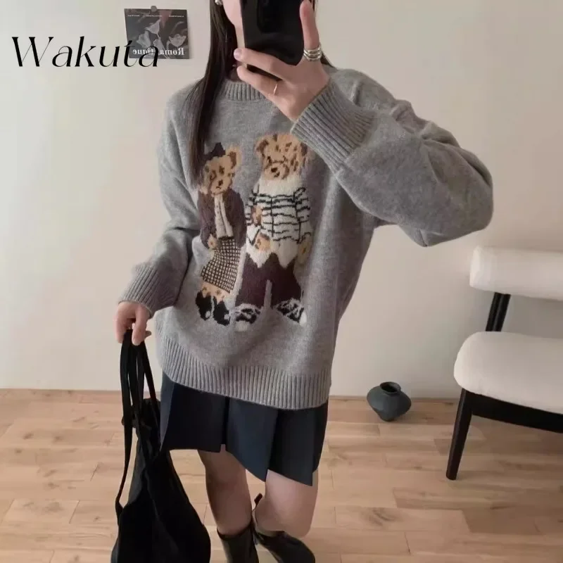 WAKUTA Japanese retro cartoon bear jacquard round neck knit sweater female fall new loose thin ageing soft sweater tops