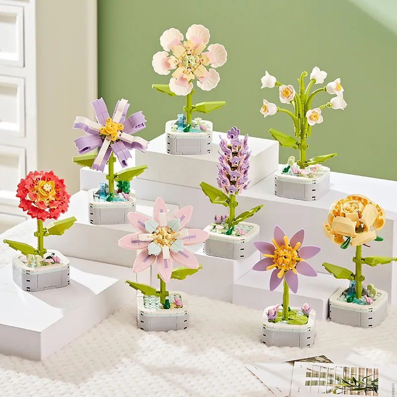 Perpetual Bouquet Tulip Flower Lilac Building Block 3D Model Home Decoration Plant Potted Assembly Bricks Valentine Child Gifts