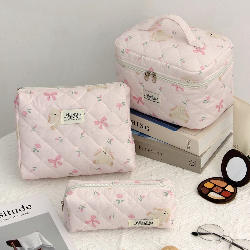 

Большая вместительная косметичка-органайзер с бантом, портативная стеганая хлопковая милая дорожная сумка для хранения