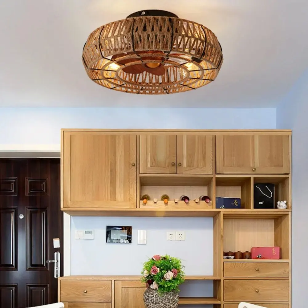 American Retro Ceiling Fan Light Remote Control Restaurant Living Room Led Ceiling Fan Lights Handmade Hemp Rope Decoration