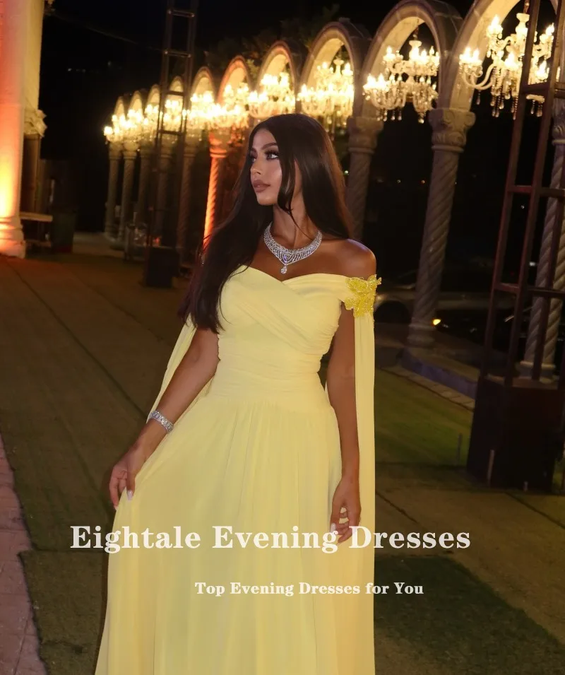 Suknie wieczorowe Eightale w stylu arabskim na przyjęcie weselne, z odkrytymi ramionami, szyte na miarę, szyfonowe, żółte, z krótkimi rękawkami, w kształcie litery A, muzułmańskie suknie balowe.