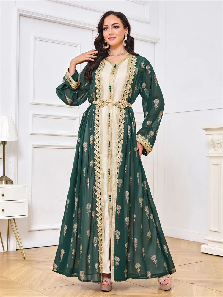 

Eid Muslim Women Two Piece Gown Turkish Caftan Ramadan Party Dresses V Neck Belt Embroidery Dress