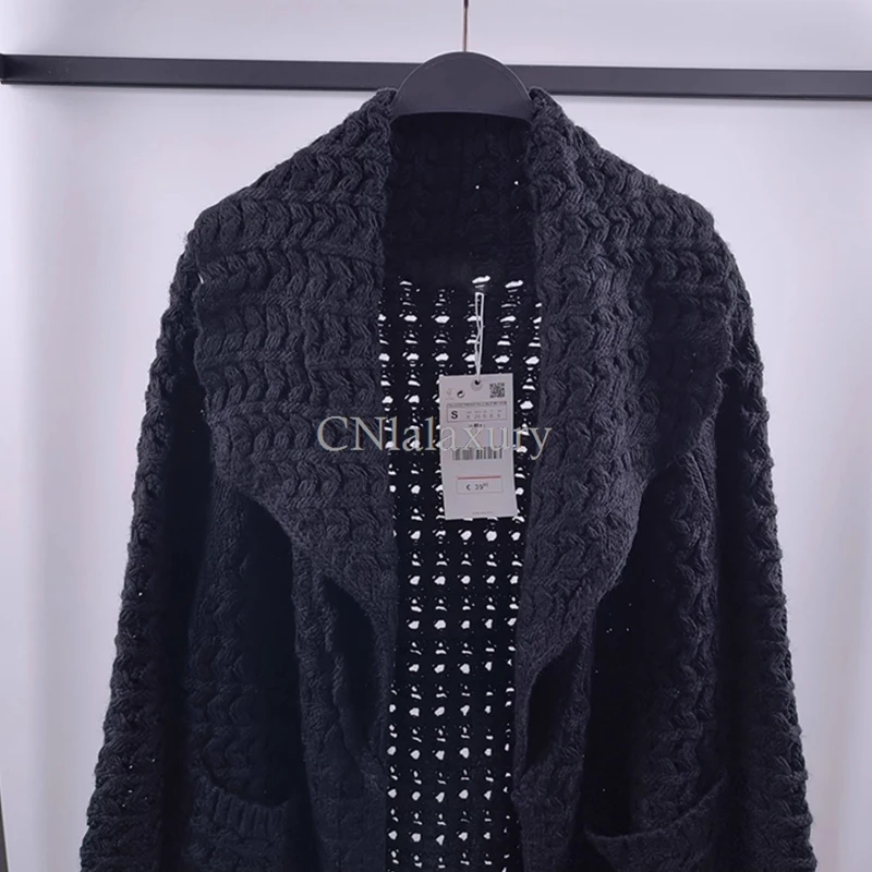 CNlalaxury 2024 Spring Women Lapel Pocket Long Knit Cardigan Overcoat Jacket Female Jacquard Hollow Out Sweater Coat Outwear New