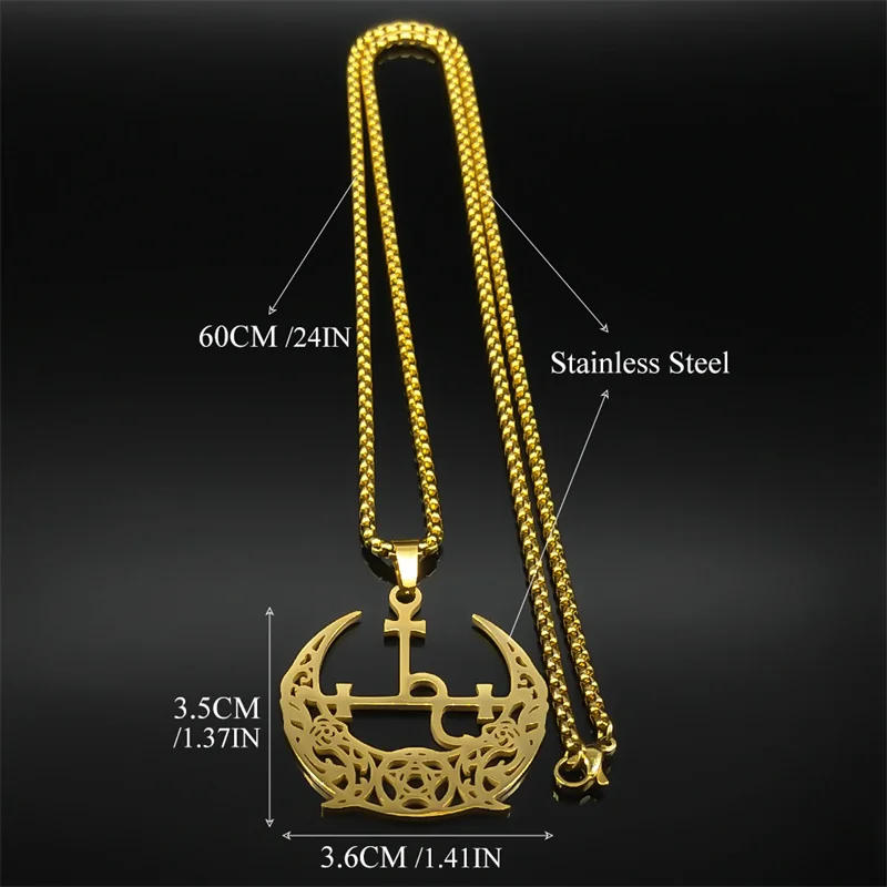Wicca Triple Moon Crescent Pentagram Pedant Necklace For Women Men Stainless Steel Gold Color Satan Lilith Demon Seal Jewelry