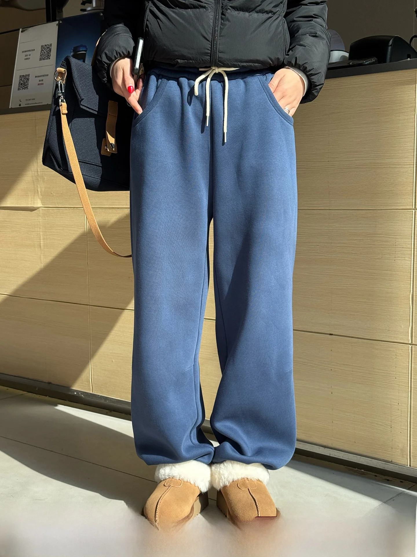 

Thiened Fce Sports Pants Women's Winter Straight Leg Wide Leg Pants Cuffed Casual Trousers Warm Cotton Polyester Blend