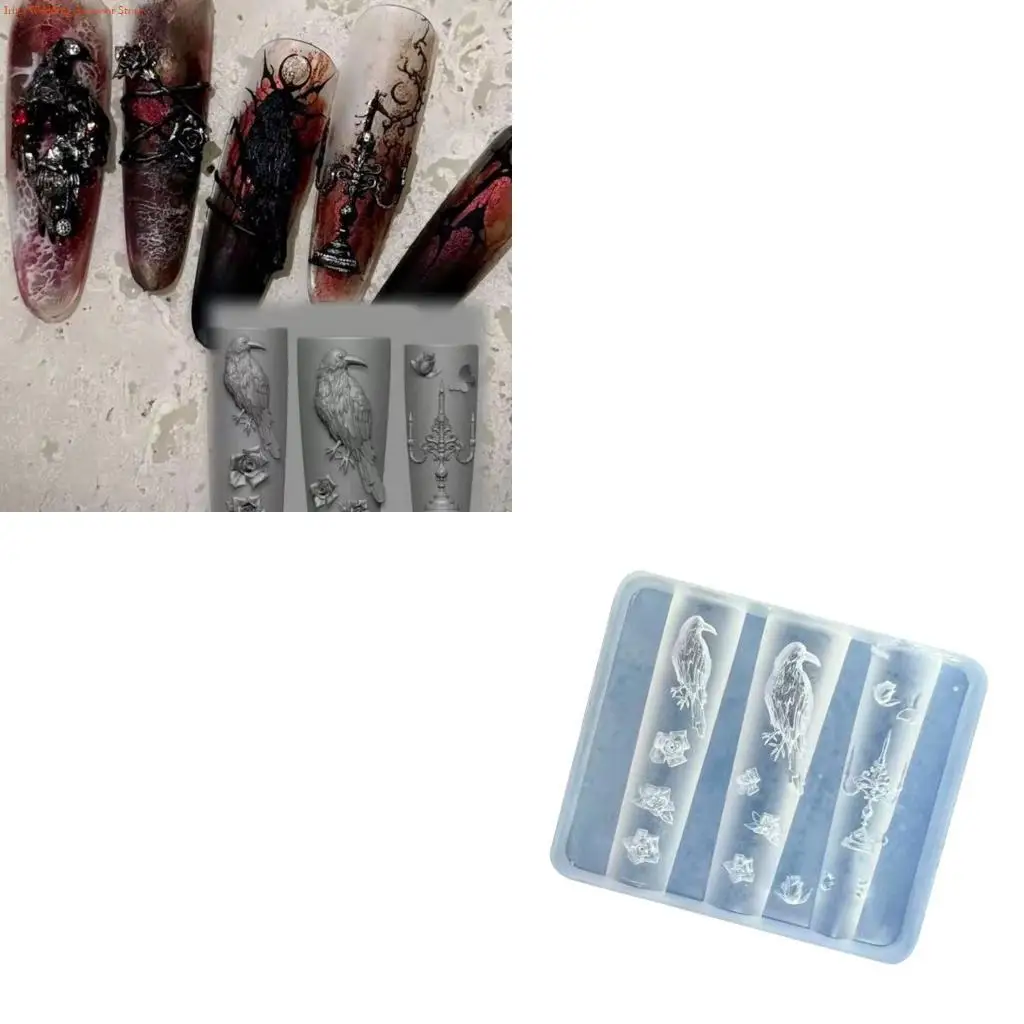 

G92D Профессиональный силиконовый шаблон для дизайна ногтей, создающий декоративное украшение в виде вороны и розы для маникюра