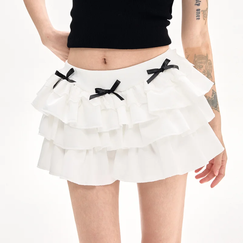 

White Y2k Kawaii Cute Cake Ruffles Skirt Women Summe High Waisted Bow Slim Mini Skirt Fashion A-Line Skirt