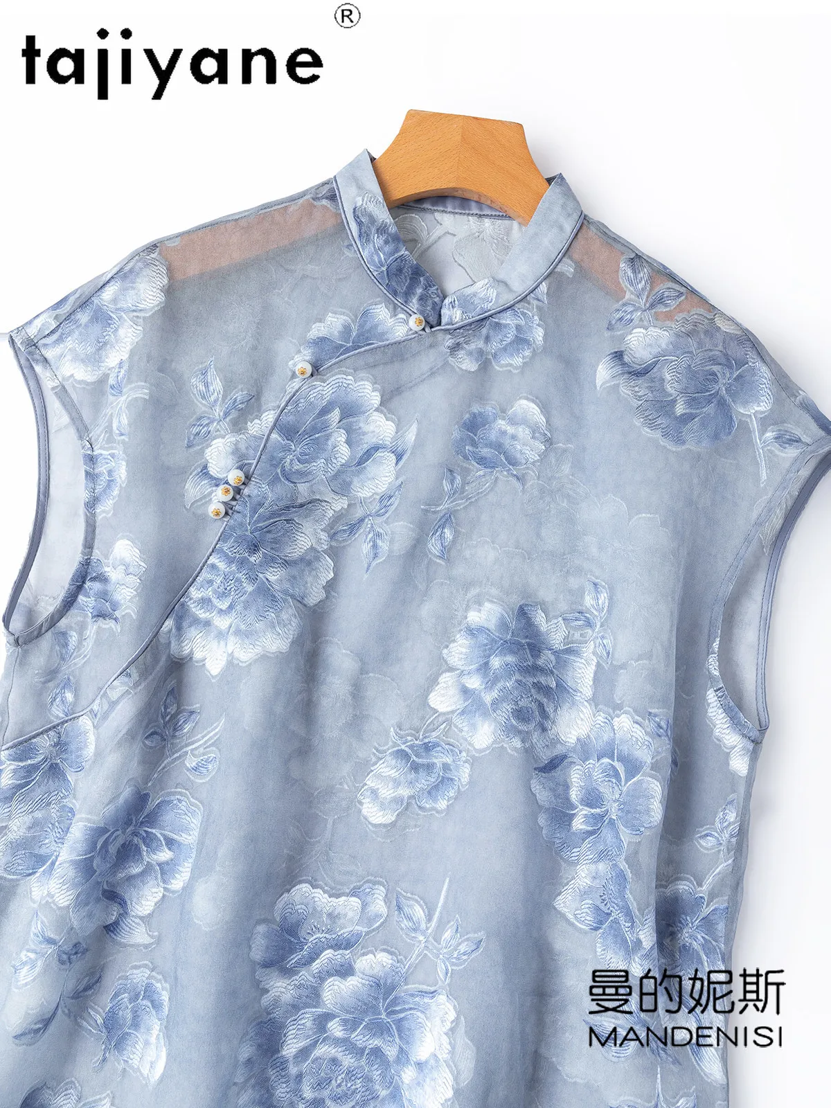 TAJIYANE 100% Mulberry Silk T Shirt Women Elegant Tops for Woman Semi Perspective Blue T Shirts Ladies Clothes 2026 Футболка