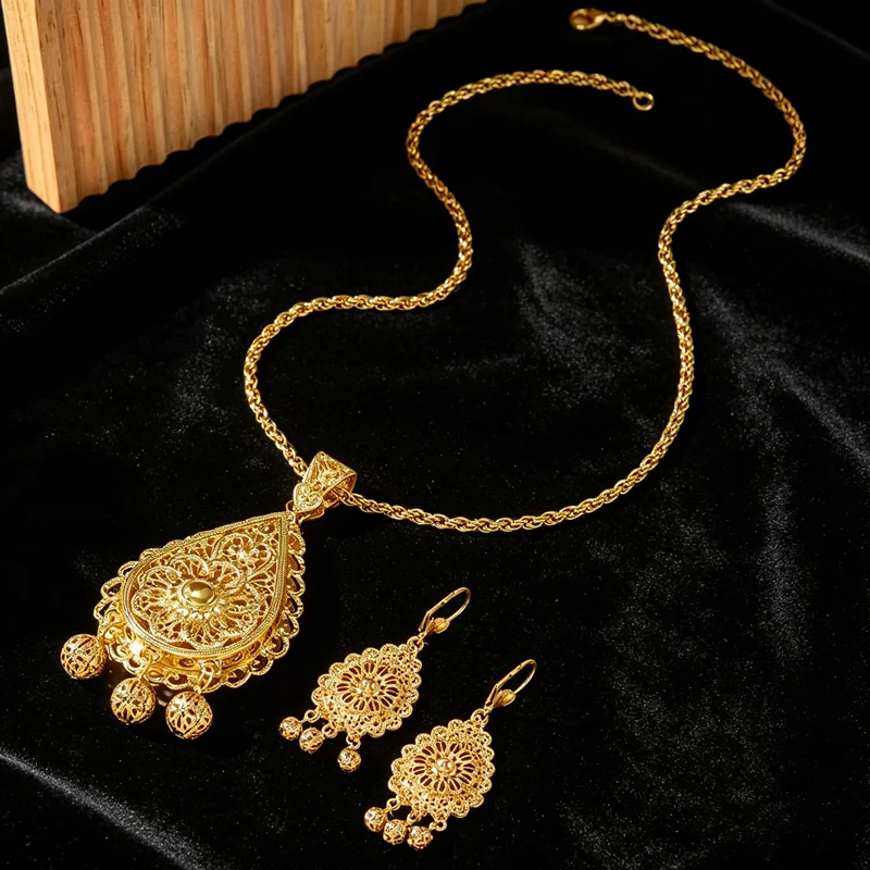 Plated Hollow Carved Set, Double-Layer Necklace Earrings Perfect For Arabian Bridal Wedding