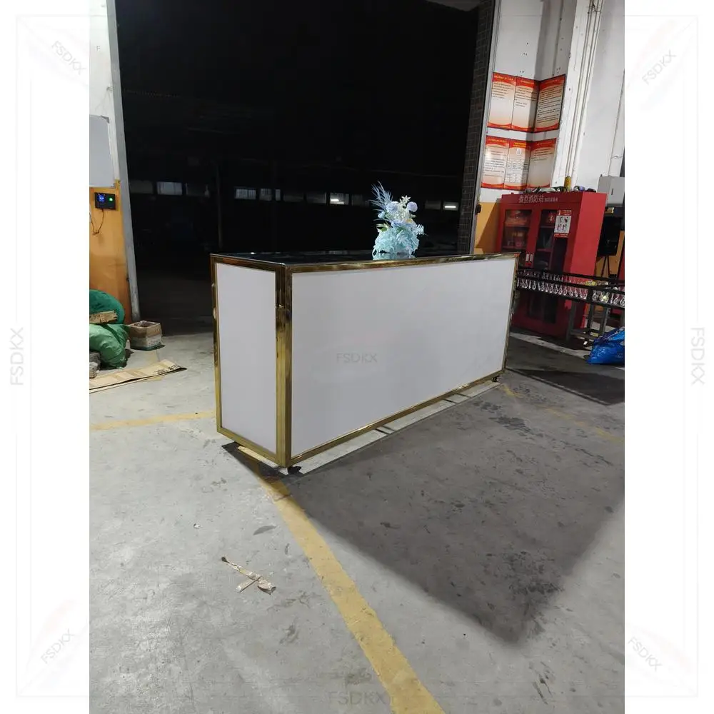 Hot Sale Mirror Gold Frame White Bar Counter Movable Reception Desk With Wheels for Wedding Banquet Hotel Event