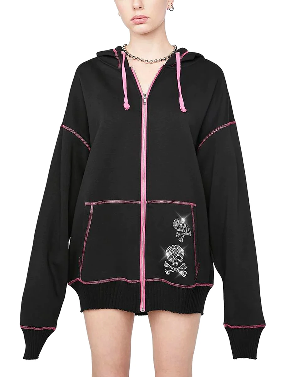 Women Hoodie Long Sleeve Skeleton Skull Sweatshirt Cool Street Casual Jacket Outwear